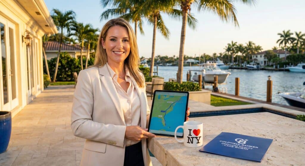 A successful real estate agent standing on a sunny Lake Worth balcony holding a tablet with a relocation map, next to branded Coldwell Banker Premium Realty materials."