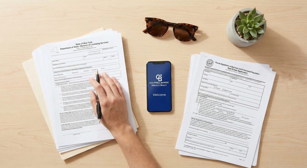A top-down view of a desk showing New York licensing documents next to a Florida DBPR real estate application, symbolizing the requirement to re-apply due to no mutual recognition.